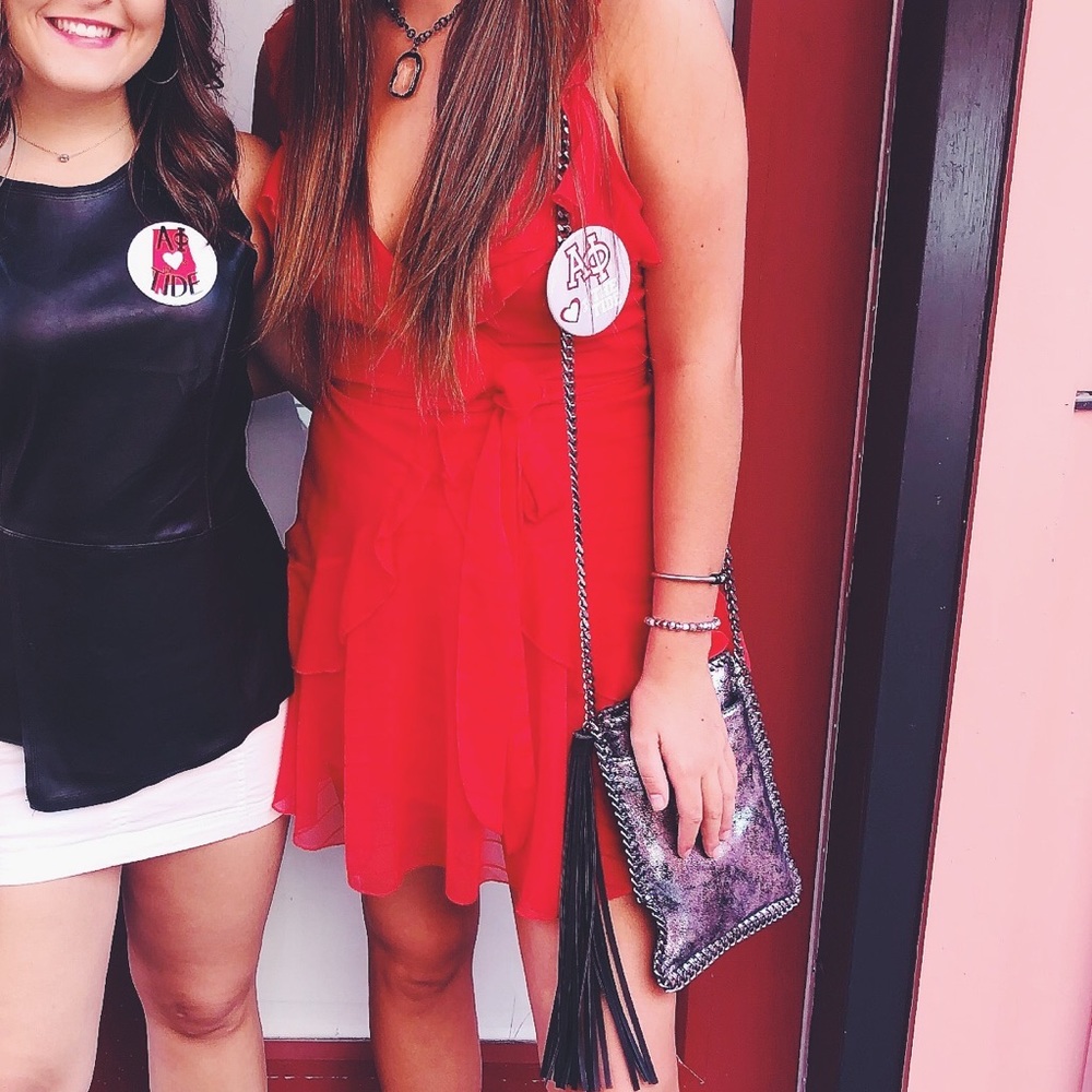 Red dress with tie around waste
